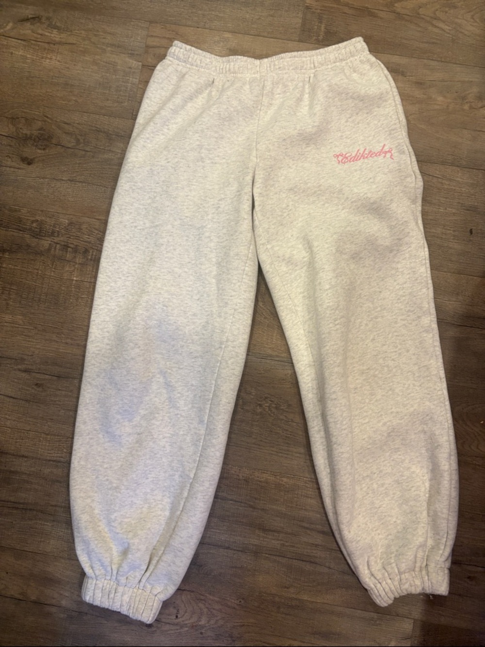 women’s edikted Light Gray Sweatpants with Pink Script Logo